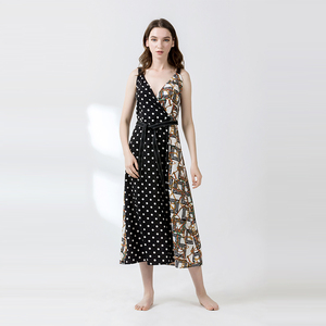 Venta caliente mujeres jóvenes Sexy tirantes de cuello en V ola punto falda con cinturón vestido Maxi - Product Image 1