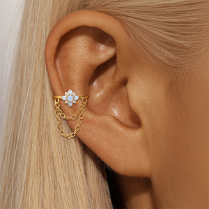Gold Plated S925 Sterling <b>Silver</b> <b>Ear</b> <b>Cuff</b> with Sparkling Cubic Zirconia and Dangling Pendant Clip on Earrings for Women - Product Image 4
