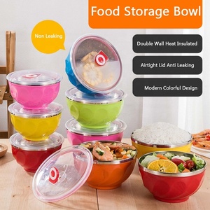 Hot bán đầy màu sắc thép không gỉ đôi tường leakproof lưu trữ thực phẩm trộn bát tròn Snack canh bát cơm đặt với nắp - Product Image 3