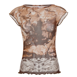 Abstract Print Mesh T Shirt Women Sheer Lightweight Short Sleeve <b>Top</b> <b>Y2K</b> Street Style Casual Summer Tee - Product Image 6