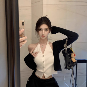 Faux Two Piece V Neck <b>Long</b> Sleeve Halter <b>Sweater</b> <b>Cardigan</b> For Women Autumn Slim Fit Short Top Solid Color Contrast Design - Product Image 4
