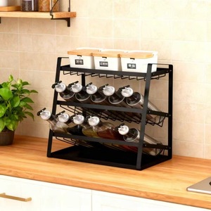 Multi Layer Metal Spice <b>Rack</b> With Wooden Lid For <b>Kitchen</b> Bottle Storage 3 Tier Organizer - Product Image 3
