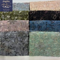 Tissu en tulle gris clair, rose poudré et sauge, orné de fleurs, de perles et de paillettes, avec bordure festonnée, pour robes Abaya et Kaftan de Dubaï