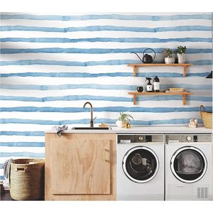 Papier peint personnalisé Indigo bleu blanc rayé Peel Stick Coastal Boho Style 17.7in X 9.8ft Vinyle auto-adhésif amovible pour - Product Image 2