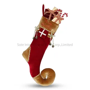 새로운 디자인 버건디 벨벳 크리스마스 스타킹 매달려 장식 박제 선물 사탕 수제 장난감 사용자 정의 텍스트 자수 크리스마스 양말