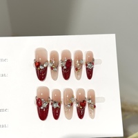 Faux ongles press-on personnalisés faits à la main, marron, avec nœud doré cerise 3D et strass