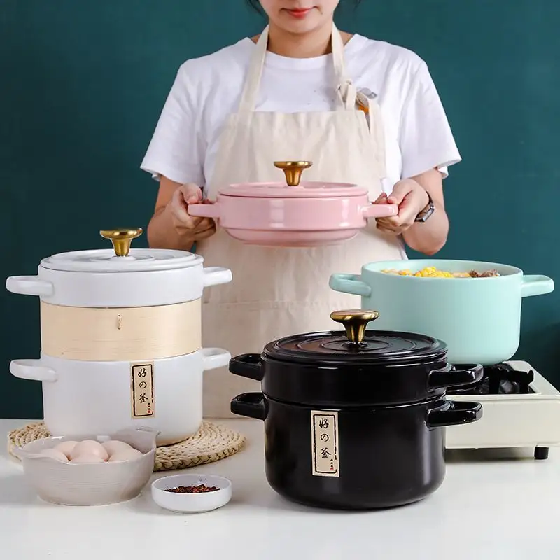 Japanese style high temperature resistant clay pot with lid and steamer drawer used on gas fired