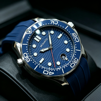 Montre mécanique de plongée tendance 2026, calendrier simple, cadran bleu, étanche 300M, bracelet en silicone pour homme