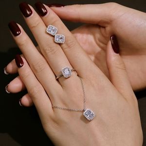 Dylam Stylish 925 Sterling <b>Silver</b> Rhodium Plated Link Chain Rectangle 1ct 5A Cubic Zirconia Pendant Necklace for Women <b>Dress</b> up - Product Image 2