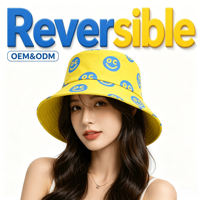 Chapeau Bob Imprimé Double Face avec Motif Visage Souriant, Personnalisable avec Logo Entièrement Imprimé, OEM ODM, Vente en Gros, Chapeau de Pêcheur pour Extérieur et Plage