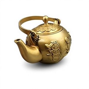 Théière chinoise traditionnelle dorée avec poignée et couvercle, bouilloire en métal au design décoratif - Product Image 6