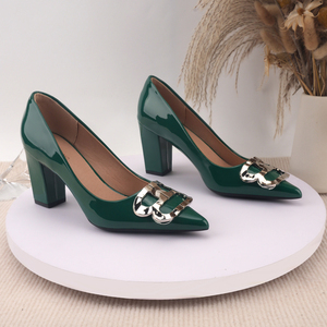 Ingrosso Fabbrica 2026 Nuove Scarpe da Donna Verde Scuro Taglie Forti con Tacco Alto, Tacco Grosso con Fibbia Metallica Grande, Scarpe da Donna per Ufficio e Lavoro - Product Image 4