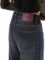 Pantalon en denim à jambe droite délavée vintage pour femme dans le style de rue Y2K Look décontracté avec décoration brodée