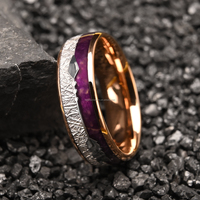 Bague de mariage DRX en tungstène or rose 8MM/6MM avec texture météorite et incrustation de pierre violette, motif flèche, pour femmes et hommes, vente en gros de bijoux personnalisés