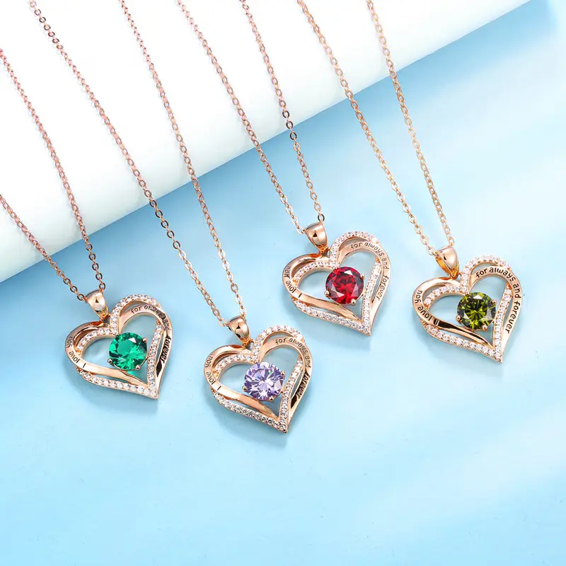 Double heart dainty ruby zodiac colorful birthstone necklace 925 sterling 18k rose gold plated heart pendant necklace