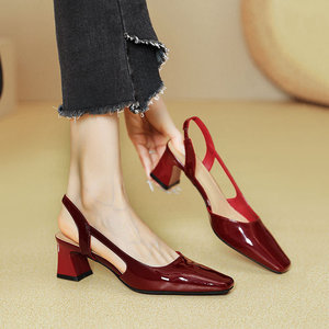 Women Square Toe Heeled <b>Sandals</b> Patent Leather Mid Heel Back Strap Slip-On Elegant Fashion Trend Solid Color - Product Image 3