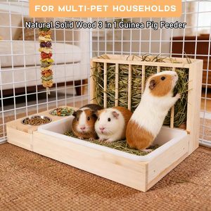 Comedero de madera para conejillos de indias con soporte para heno y tazón para comida, para mascotas de interior, estación de alimentación multifuncional para mascotas - Product Image 3
