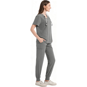 Women Scrub Set Gray Polyester Knitted Uniforms For Medical Staff Hospital Wear - Product Image 1