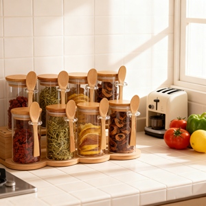 10oz bocaux en verre hermétiques couvercles en bambou cuillères bidons de cuisine café sucre grains thé épices stockage support en bambou - Product Image 2
