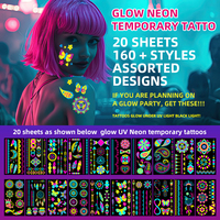 Autocollants de tatouage temporaires fluorescents personnalisés, 20 feuilles, décoration fluorescente, imperméables, lumineux, néon, UV, faux tatouages qui brillent dans le noir