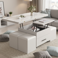 Mesa de Centro con Tapa Elevable y 4 Taburetes de Almacenamiento para Sala de Estar, Efecto Mármol, Cajón con Ruedas, Mesa Baja Multifuncional