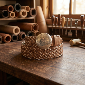 Ceinture en cuir véritable tressée avec concho argenté, design classique tissé, unisexe, marron - Product Image 4