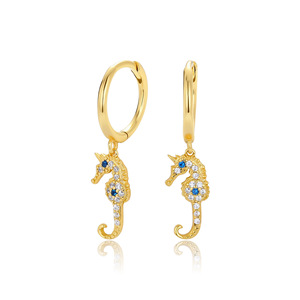 Anillo de compromiso de plata de ley 925 para mujer, anillo de moda con diseño de caballito de mar, pendientes de aro colgantes con circonita cúbica, joyería fina con temática oceánica para mujer - Product Image 1