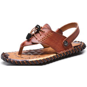 Sandales pour hommes en cuir véritable à bride en T, respirantes, à bout ouvert, décontractées, pour l'été, avec semelle extérieure en caoutchouc, semelle intermédiaire en EVA et design à lacets - Product Image 1