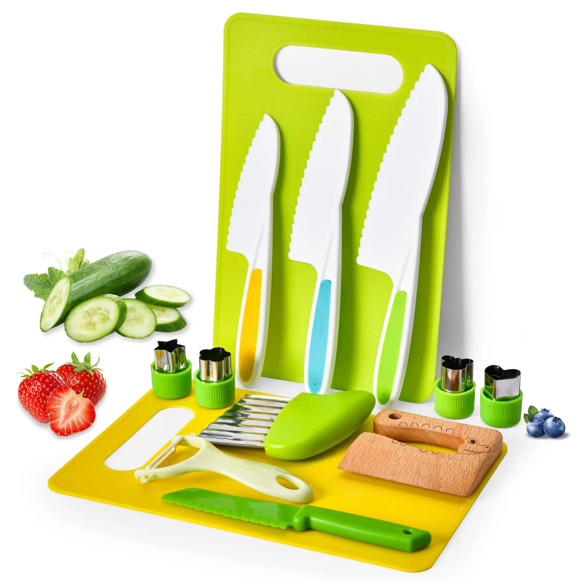 Conjunto de facas de plástico para crianças, mini facas de madeira para crianças, conjunto de utensílios de cozinha reais, com bordas, para corte, uso infantil
