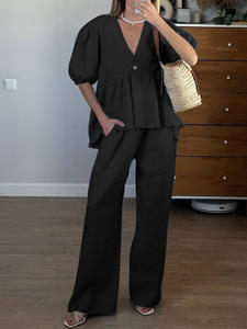 <span class=keywords><strong>Ensemble</strong></span> décontracté pour <span class=keywords><strong>femme</strong></span> : haut court à col en V en tissu uni et <span class=keywords><strong>pantalon</strong></span> droit pour le printemps/été - Product Image 5