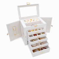 Boîte de rangement pour bijoux en cuir PU blanc sur mesure avec fenêtre en verre transparent, 5 tiroirs, 2 portes latérales, organiseur pour colliers