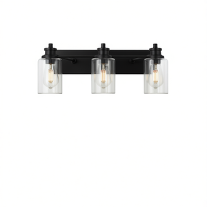 Lampe murale industrielle noire à 3 lumières, abat-jour en verre transparent, éclairage de miroir de salle de bain, blanc chaud, à intensité variable - Product Image 1