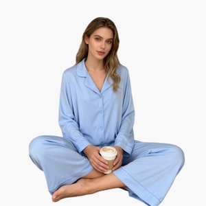 Full Length Long Sleeve Plain Dyed Women's Sleepwear Custom Loungewear Long Sleeve Flare <b>Pants</b> Pajama Set Classic Soft Pyjamas - Product Image 2