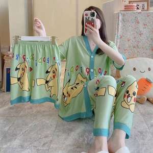 Vente en gros <span class=keywords><strong>Tik</strong></span> Tok Live Stream Hot Summer Milk Silk Short Sleeve Cartoon Mic Three-piece Homewear - Product Image 6