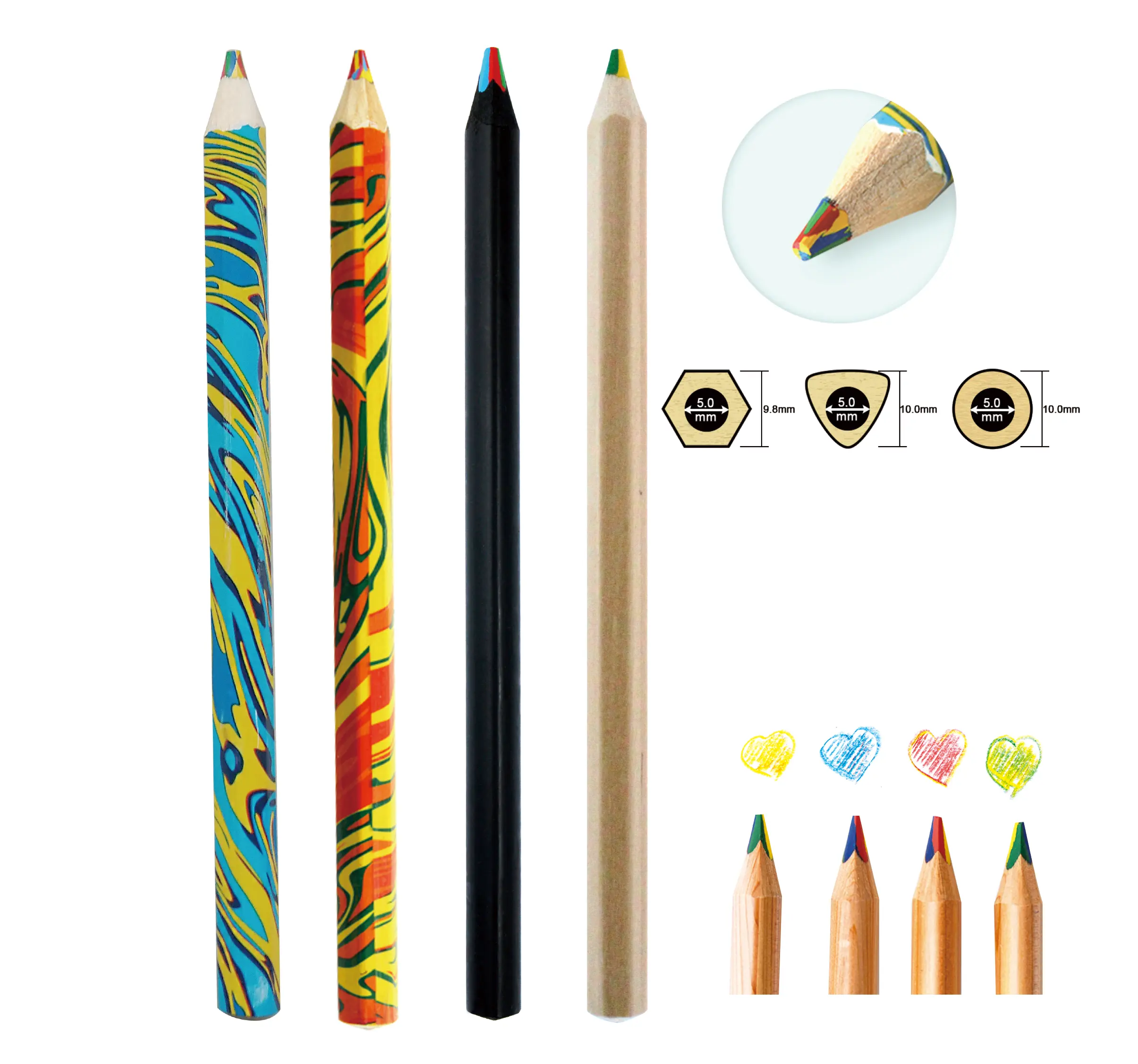 Nuevo Tipo 4 Multi Color en 1 forma Hexagonal lápiz de madera OEM logotipo Láser color a 4 en 1 color de lápiz de Color
