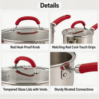Ensemble de casseroles Perium écologiques de style américain en acier inoxydable, avec couvercle en verre, poignée en silicone, compatible induction