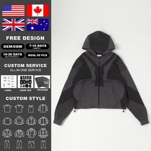 Sudadera con capucha KingSen vintage de algodón lavado con patchwork, cierre de cremallera, corte holgado, bloques de color en contraste, para hombre - Product Image 2