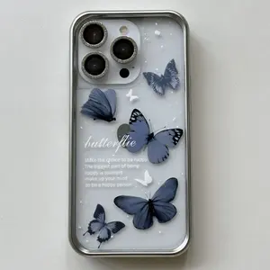 New fashion blue butterfly dancing gracefully transparent silver bumper mobile phone case for iPhone 15 Pro Max 14 13 12 pro