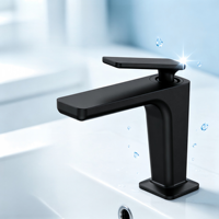 Keran Wastafel Modern Persegi Warna Hitam Matte, Badan Kuningan Gagang Paduan Seng, Pemasangan di Atas Meja, Keran Air Panas Dingin untuk Kamar Mandi
