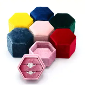 Atacado de luxo personalizado casamento caixas duplas anel de veludo hexágono caixa de jóias para noivado anel caixas
