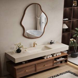 Meuble de salle de bain suspendu en bois de noyer style bois, avec miroir LED intelligent et plateau en pierre. - Product Image 3