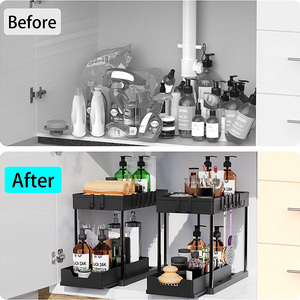 WIREKING Panier d'armoire coulissant à 2 niveaux sous l'évier Organisateurs et rangement pour salle de bain <span class=keywords><strong>cuisine</strong></span> avec 4 crochets <span class=keywords><strong>1</strong></span> <span class=keywords><strong>bac</strong></span> de rangement - Product Image 6