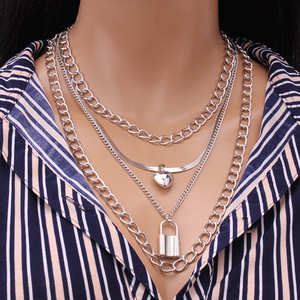 Conjunto de Collares en Capas de Moda, Colgante de Corazón con Candado de Aleación de Zinc Dorado, Cadena de Múltiples Hilos, Joyería para Mujer, Pieza de Destaque Moderna - Product Image 3