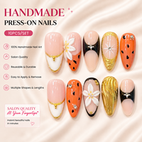 Ongles Press-On Faits Main de Luxe, Motif Fleur 3D Noir Orange, Faux Ongles Réutilisables, French Manucure Personnalisée, Vente en Gros