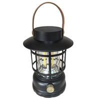 Lanterne de camping solaire LED vintage, rechargeable par solaire et USB-C, intensité réglable, style rétro, en plastique, avec poignée en cuir, pour tente