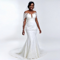 Robe de mariée personnalisée, nouveau style, en dentelle, manches longues, col en V profond, coupe sirène, avec traîne détachable