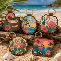 Porte-clés en cuir PU flamant rose tropical personnalisé OEM, avec plumes et écailles, et sangle gaufrée, cadeaux souvenirs de voyage