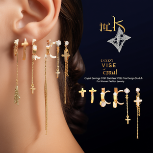 <b>Crystal</b> <b>Earrings</b> Gold Plated 316L Stainless Steel Cross Design <b>Studs</b> With Chain Tassel For Women Fashion Jewelry - Product Image 3
