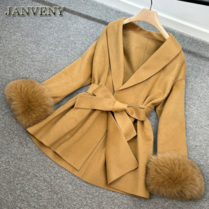 Giacca Invernale di Media Lunghezza in Cashmere da Donna JANVENY con Maniche con Inserti in Vera <span class=keywords><strong>Pelliccia</strong></span> di Volpe Naturale e Revers in Tinta Unita <span class=keywords><strong>Cappotto</strong></span> di Lana con Cintura - Product Image 6