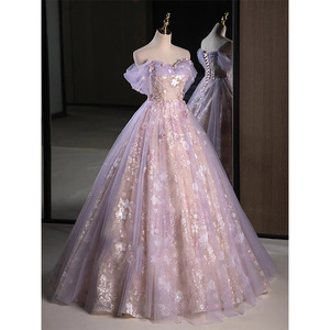 Pinkish Purple Off Shoulder Sequined Ball Gown Evening Dress Empire Waist Floral Print For Women Formal Events - Product Image 4